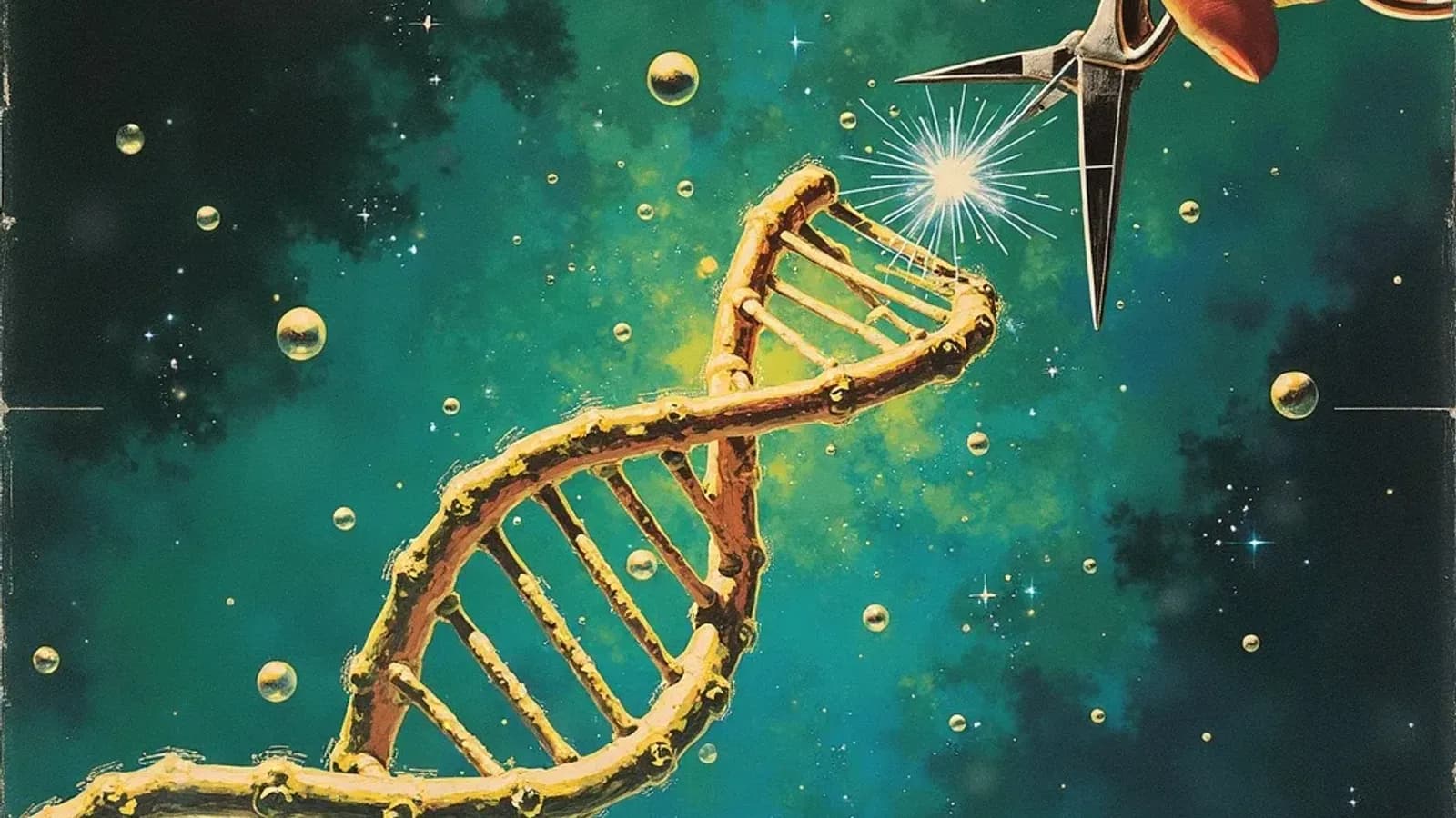 Abstract painterly illustration of CRISPR editing a DNA double helix with molecular precision