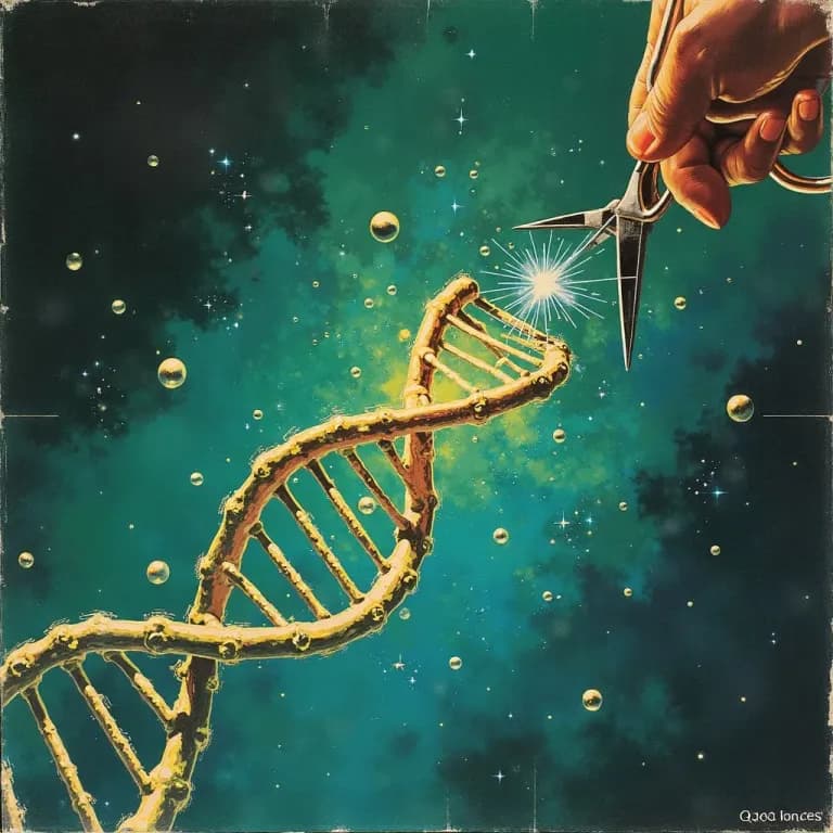 Abstract painterly illustration of CRISPR editing a DNA double helix with molecular precision