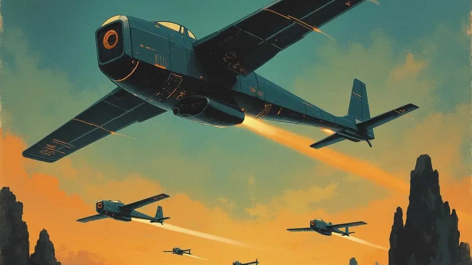 Abstract painterly illustration of autonomous military drones as geometric forms against a dramatic sky