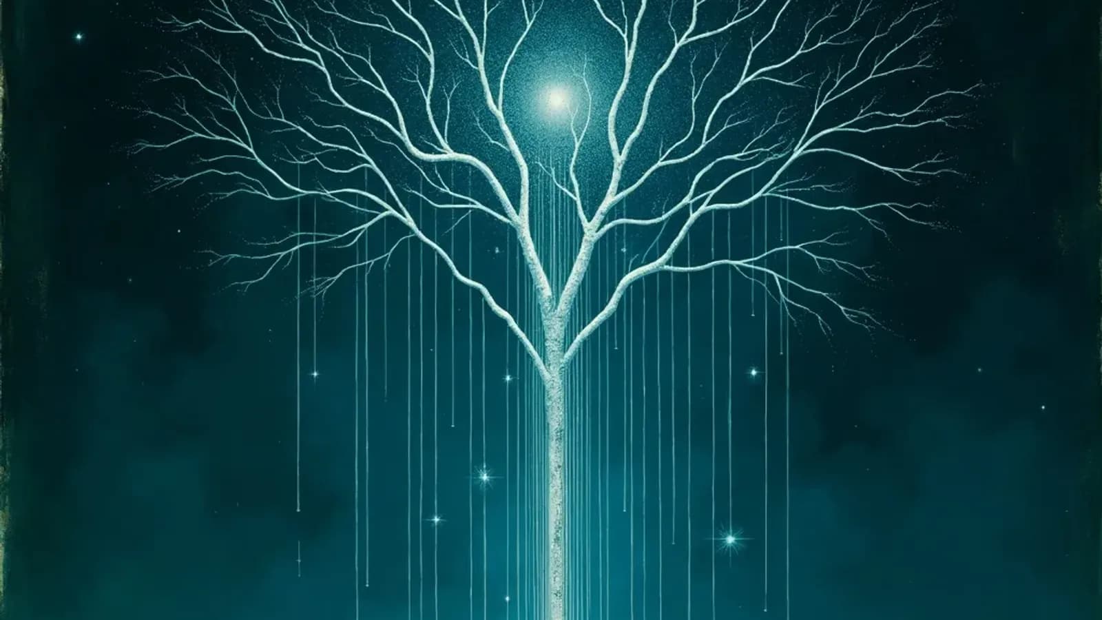 Abstract illustration of predictive data streams as luminous probability trees in cosmic space