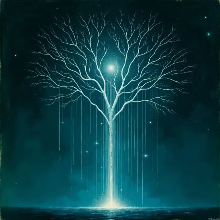 Abstract illustration of predictive data streams as luminous probability trees in cosmic space