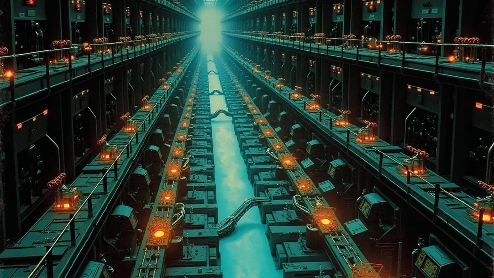 Painterly abstract illustration of a smart factory with robotic systems and data flows as geometric patterns