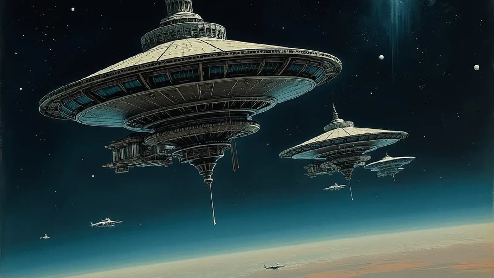 Painterly illustration of a large orbital space habitat against a cosmic backdrop
