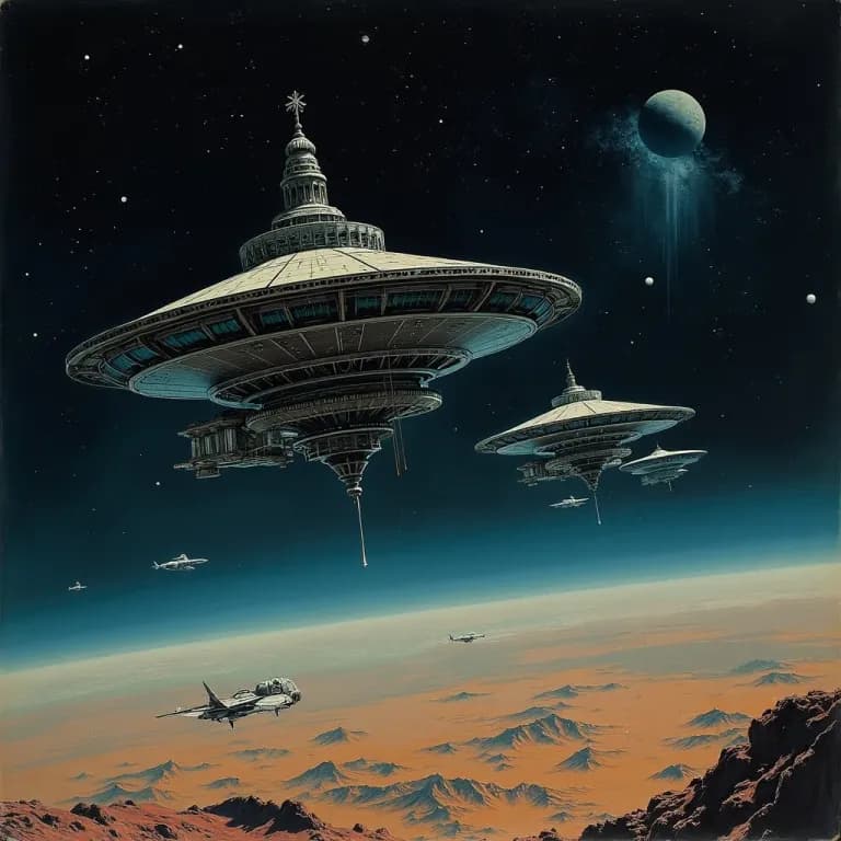 Painterly illustration of a large orbital space habitat against a cosmic backdrop