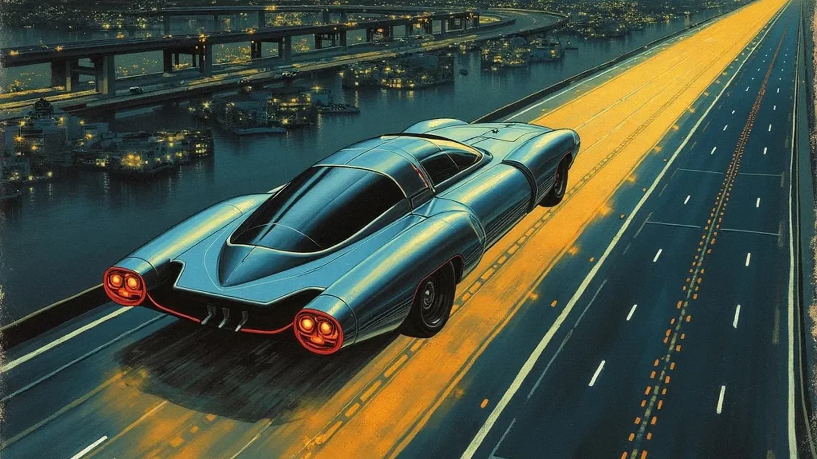Painterly abstract illustration of an autonomous vehicle on a futuristic highway network